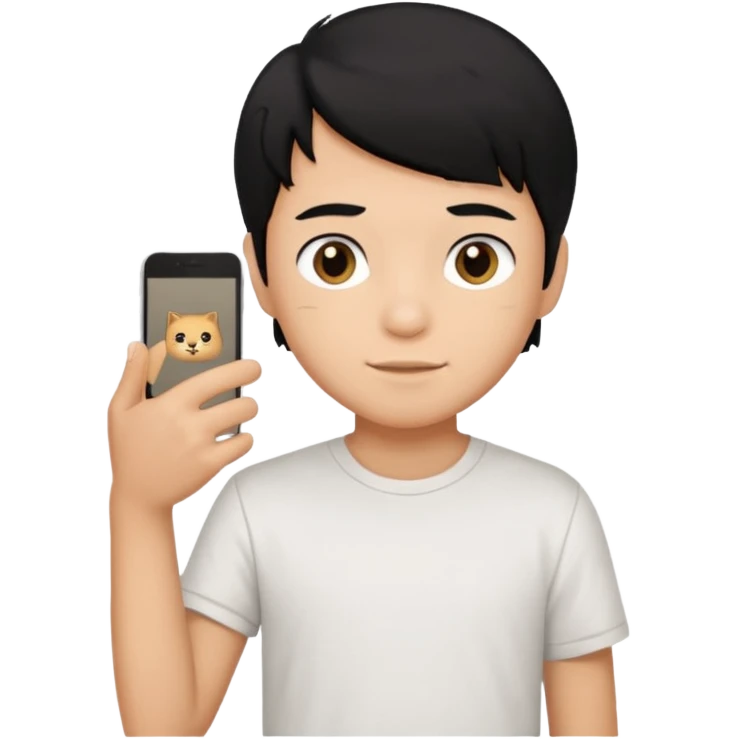 generate a pretty bratz emoji of a boy with black hair wearing a white tshirt and holding a cTCAT emoji