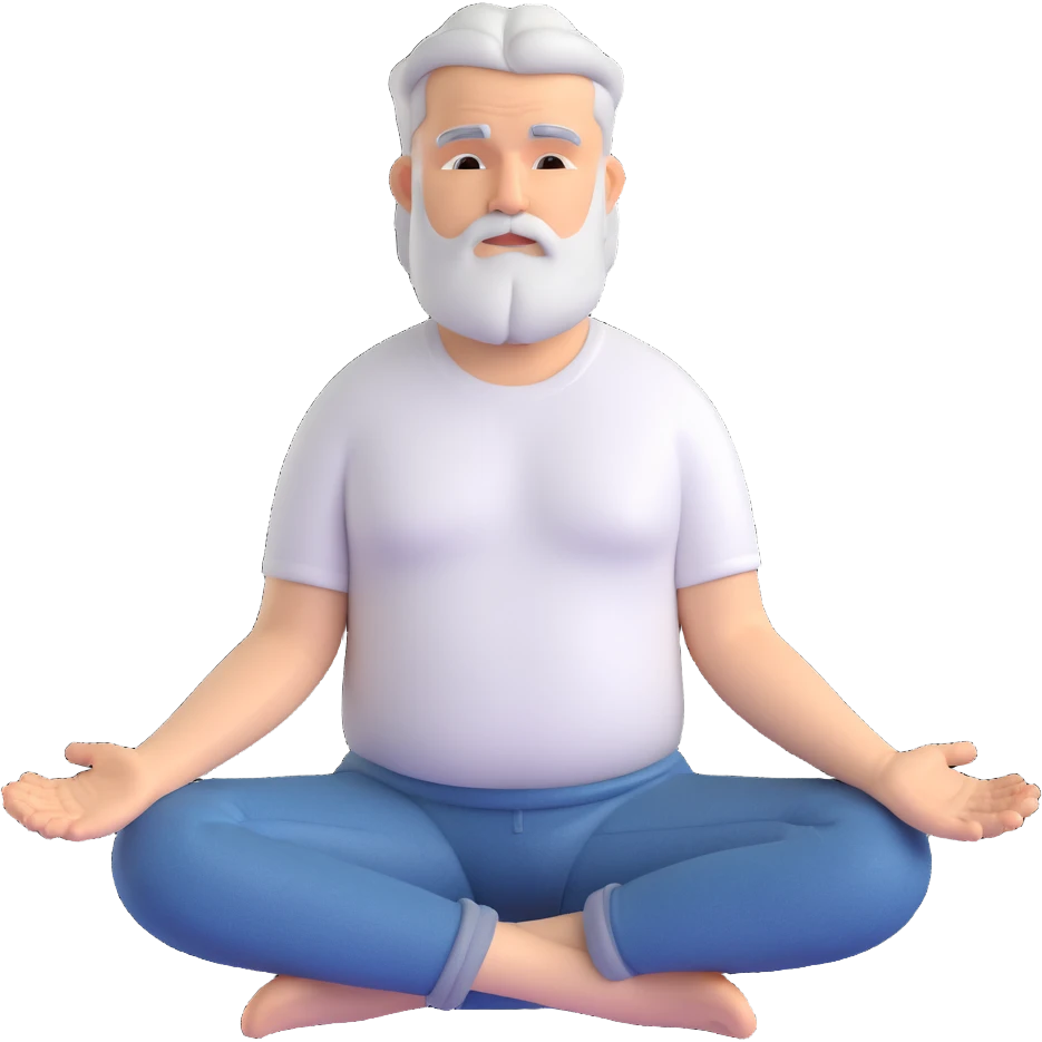 grey-haired and bearded white man meditating, wearing a white t-shirt and blue jeans emoji