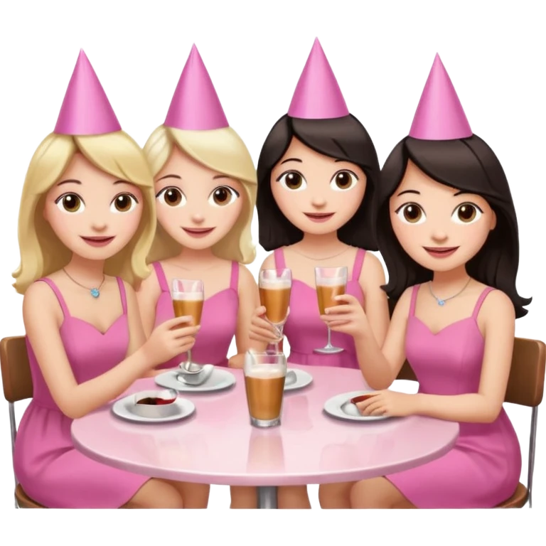 Девушка со светлыми волосами сидит в кафе весёлая с подружками у которых темные волосы в розовом платье они в праздничных колпаках и у них бокалы в руках emoji