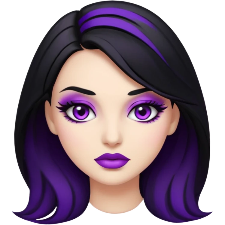 “Emoji girl, femme fatale, black hair. deep purples emoji