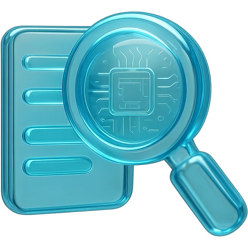 Minimalist icon of a magnifying glass over a list with highlighted words, cyan blue emoji