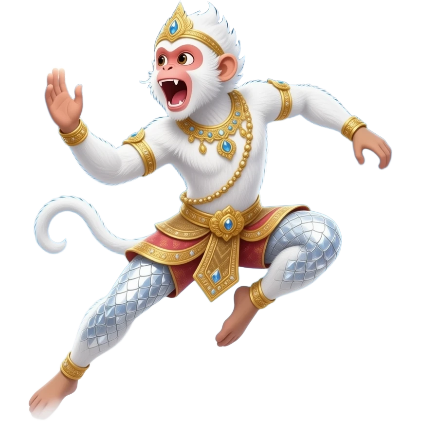 Hanuman, the mythical white monkey warrior, shining diamond scales, open mouth emitting stars and moon, leaping through clouds, glowing white fur, intricate golden Thai jewelry, dynamic pose, celestial background. emoji