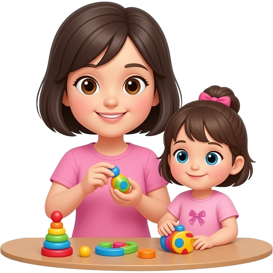 chica de cabello oscuro y corto, sin accesorios, ojos cafes y  ropa rosa, jugando con con juguetes con su hija pequeña en casa emoji