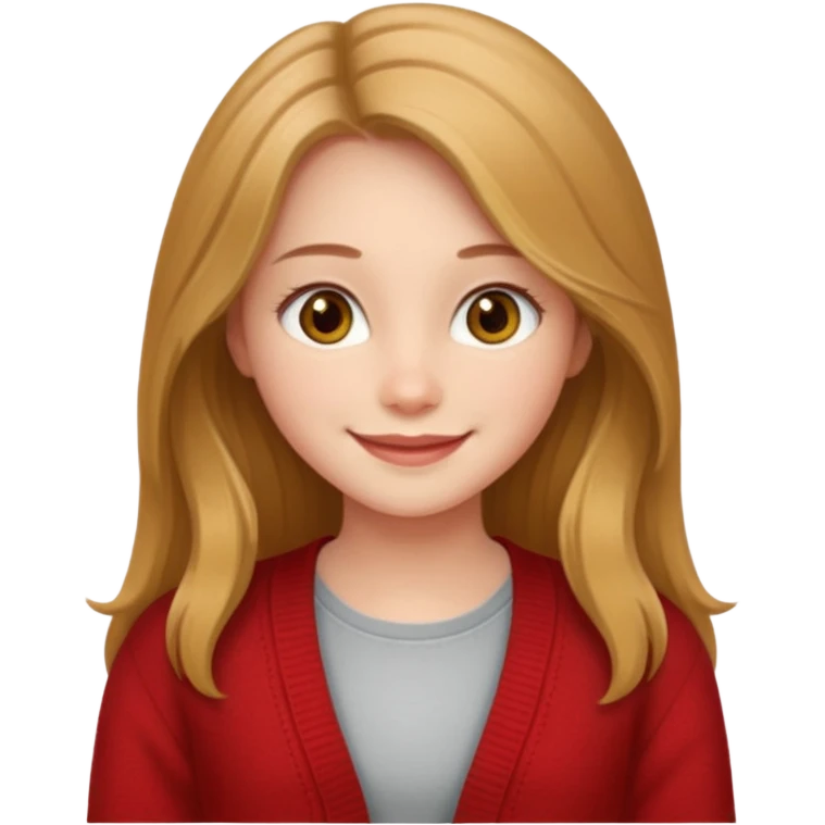 create a girl with hazel long hair, hazel eyes and beautiful smile, and red colour cardigan emoji