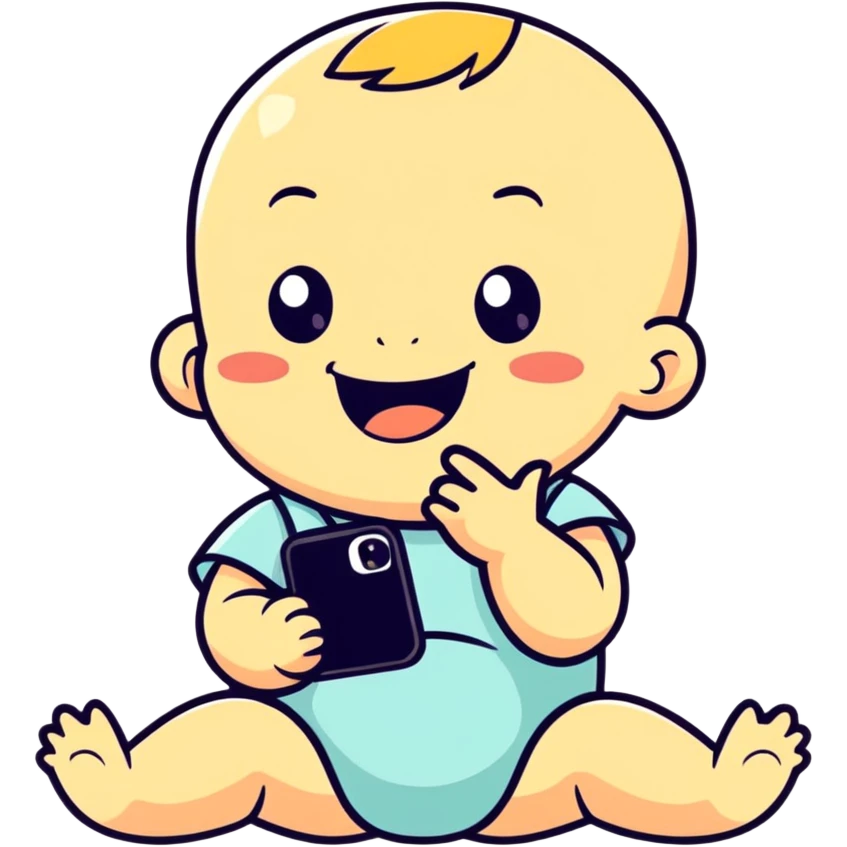 a baby with a cell phone in his hand laughing emoji