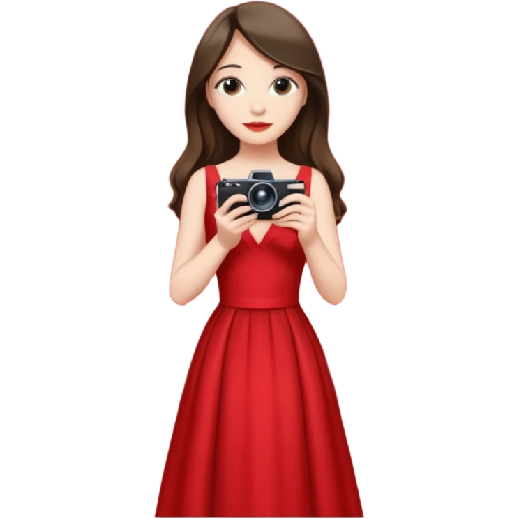 an actress standing on a red carpet with a formal dress, with only one film camera next to her. emoji