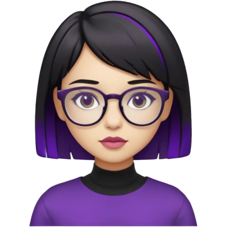 chica bonita con ligero cabello negro con rayas moradas que llega hasta los hombros con lentes cuadrados de estatura pequeña con ropa negra emoji