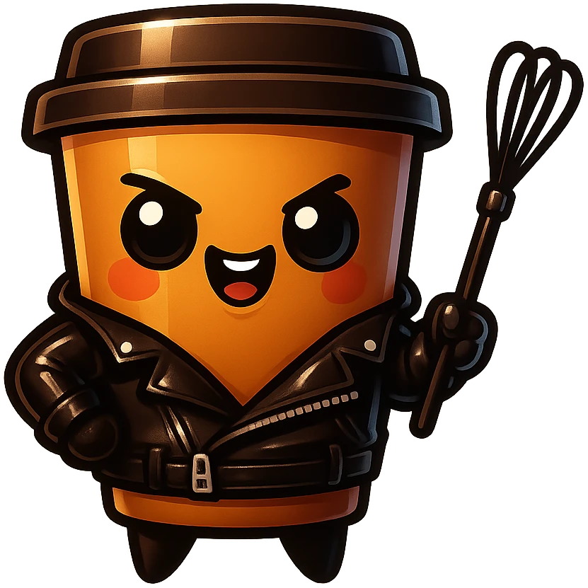 Tall coffee cup, dressed in leather holding a whipping crop, mischevious, emoji