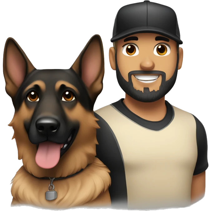 white male with a black beard and a baseball hat alongside a black and brown german shepherd  emoji