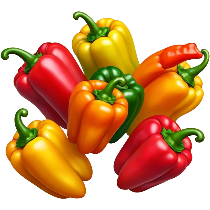 Cinematic bright colorful peppers, glossy and fresh, arranged in a vibrant mix of red, yellow, and green, warm glowing background, fresh and lively. emoji