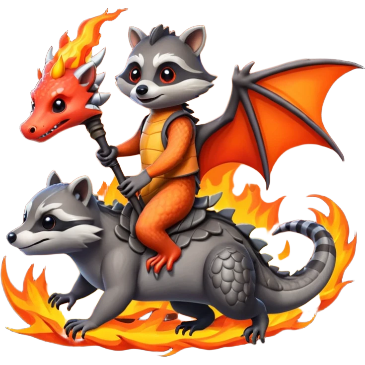 Raccoon with rise of castles game theme riding a dragon. Fire everywhere emoji