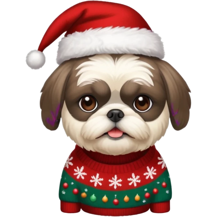 Small all OVER dark grey faced shih tzu christmas sweater hat emoji