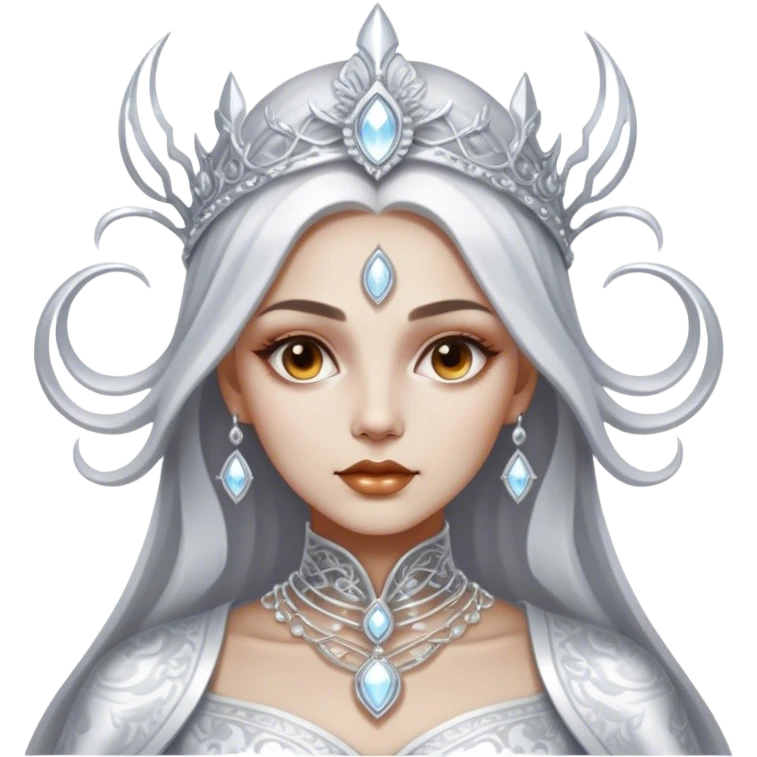 Cinematic, Ultra realistic 32k HD, hauntingly beautiful woman, Balanced features, highly detailed, glowing with silver light, high shine, remembrance, a painting of white silver, fanciful, enchanting, ghostly. The image is so lifelike it feels as though it could leap off the canvas at any moment emoji