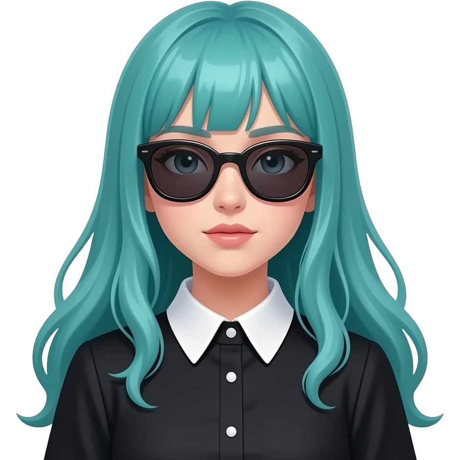 girl, breathing, sunglasses, long flowing teal hair, grey eyes, black shoulder cyberpunk blouse with fancy white collar emoji