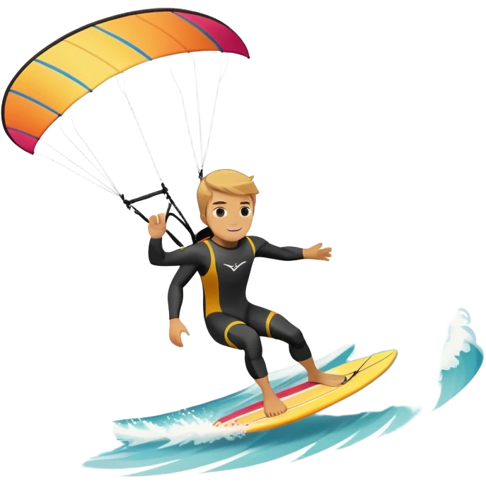 An athlete in a wetsuit riding a kiteboard, soaring over the sea waves with the kite high in the sky. The background features a vibrant blue sky and crashing ocean waves, capturing the thrill and freedom of kitesurfing in dynamic motion. emoji