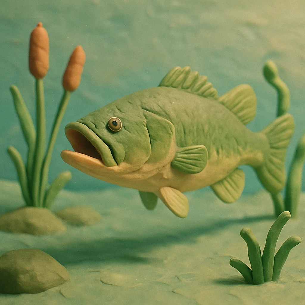largemouth bass swimming in a pond, visible fingerprints, pastel colors, claymation style emoji