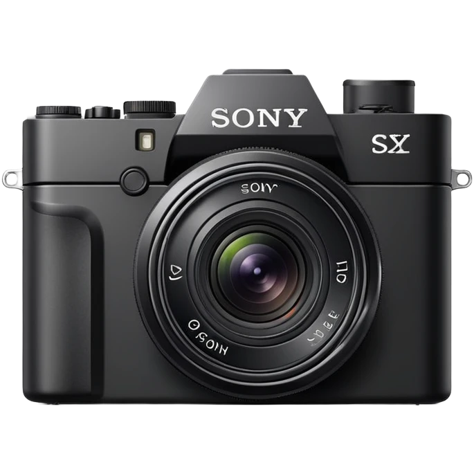 Ultra minimal black camera with 'Sony' text on top, basic camera shape with tiny lens, Sony branding visible emoji