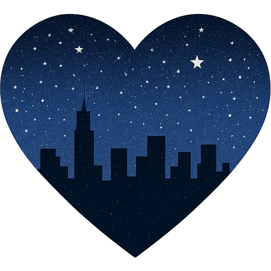 Add more stars to the heart with a city skyline at midnight, keep the starry sky above, no background. Maintain the style and starry sky of the original image. emoji