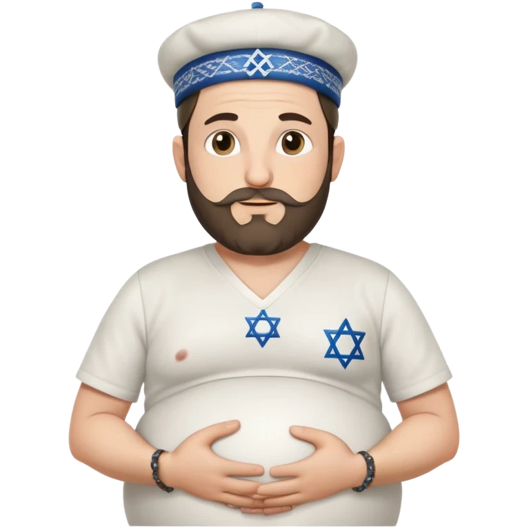 Pregnant Jewish man facing left with hands on belly, wearing a kippah and Star of David necklace, with facial hair emoji