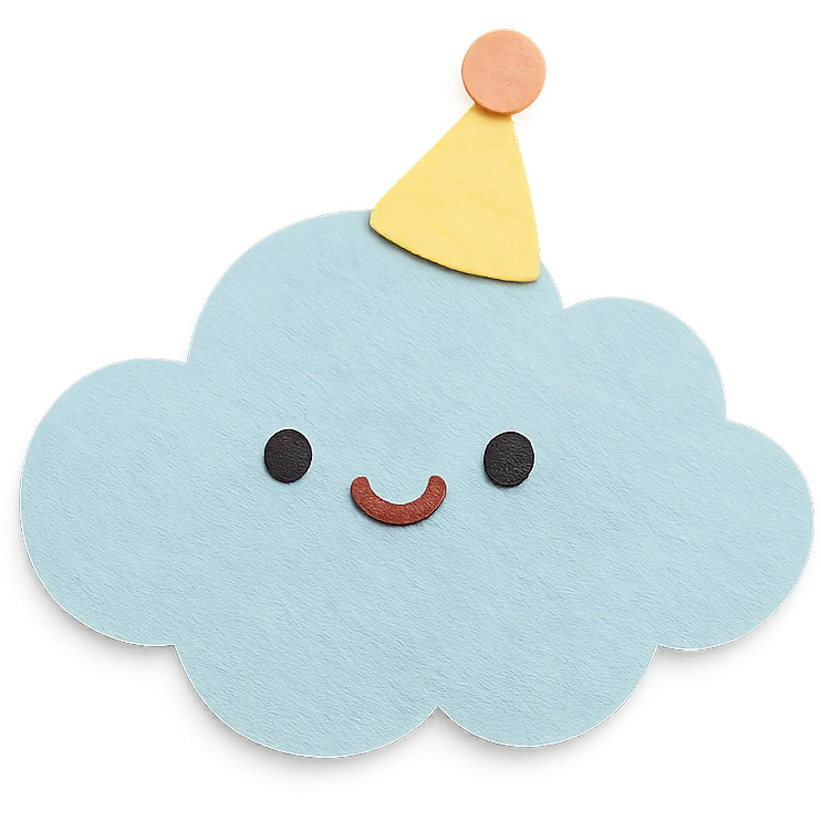 soft pastel cute cloud wearing a tiny party hat and smiling, no arms, no legs, full body, soft pastel kawaii paper craft style emoji