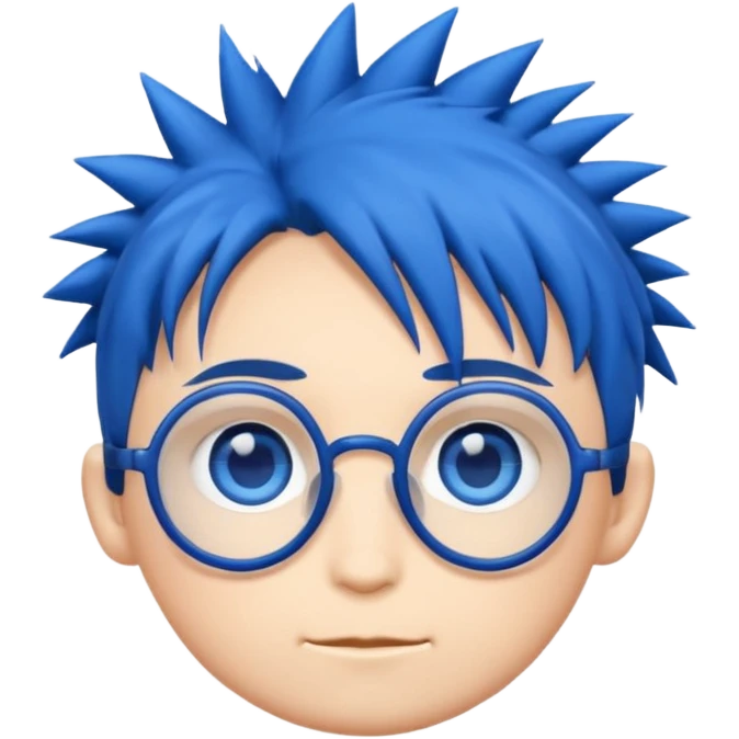 emoji style illustration of a chibi head inspired by
1,
big blue eyes, round glasses,
spiky dark blue hair,
cute flat emoji style,
simple clean lines,
white background,
high quality,
only head, no body emoji