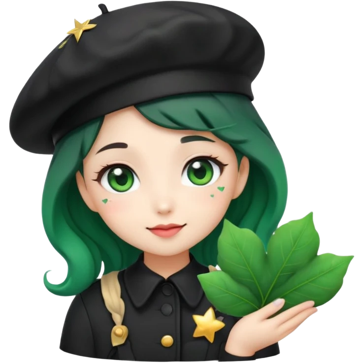 A kawaii girl emoji with wavy dark-green hair, wearing a black beret, holding a tiny heart-shaped leaf. Her eyes sparkle with star reflections, and she blushes softly. Background is a gradient of matte black and deep emerald. emoji