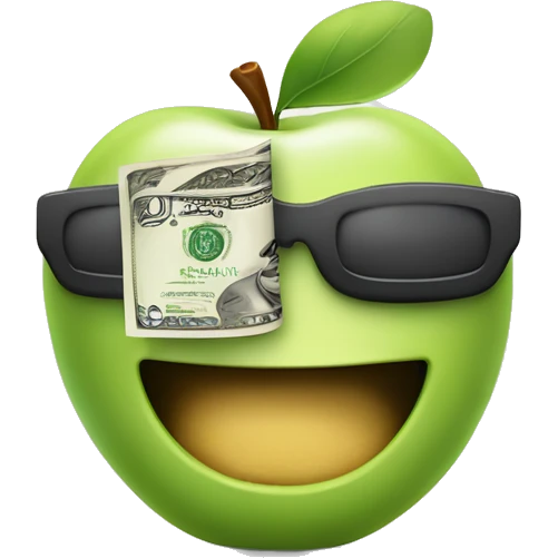 Apple-style emoji of a playful character winking, holding a dollar bill in one hand and the other hand on their hip. emoji