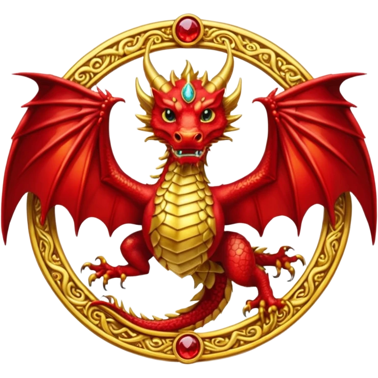 Golden Dragon with wings crest/brosch in a circle with red gems emoji