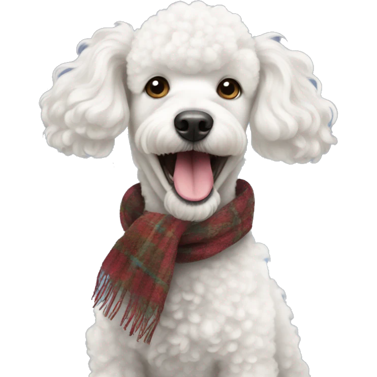 A white poodle with a scarf in its teeth emoji