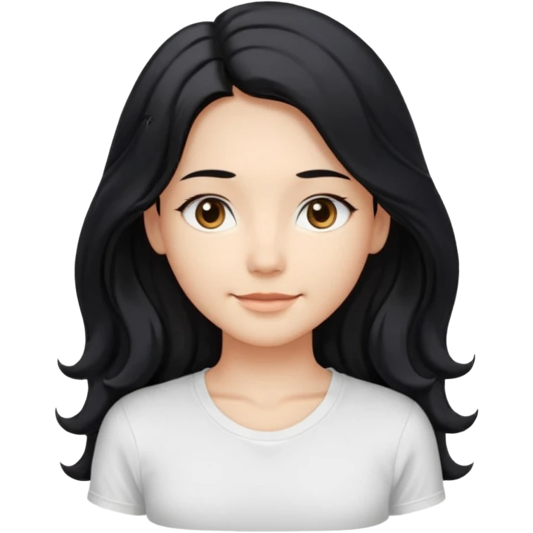 front-facing, chest-up portrait, symmetrical pose
long wavy black hair, glossy strands, slightly rounded volume, soft gentle smile, relaxed eyes, cute proportions
white T-shirt, minimal, pure white background, bright soft lighting, smooth plastic-like material, clean rende emoji