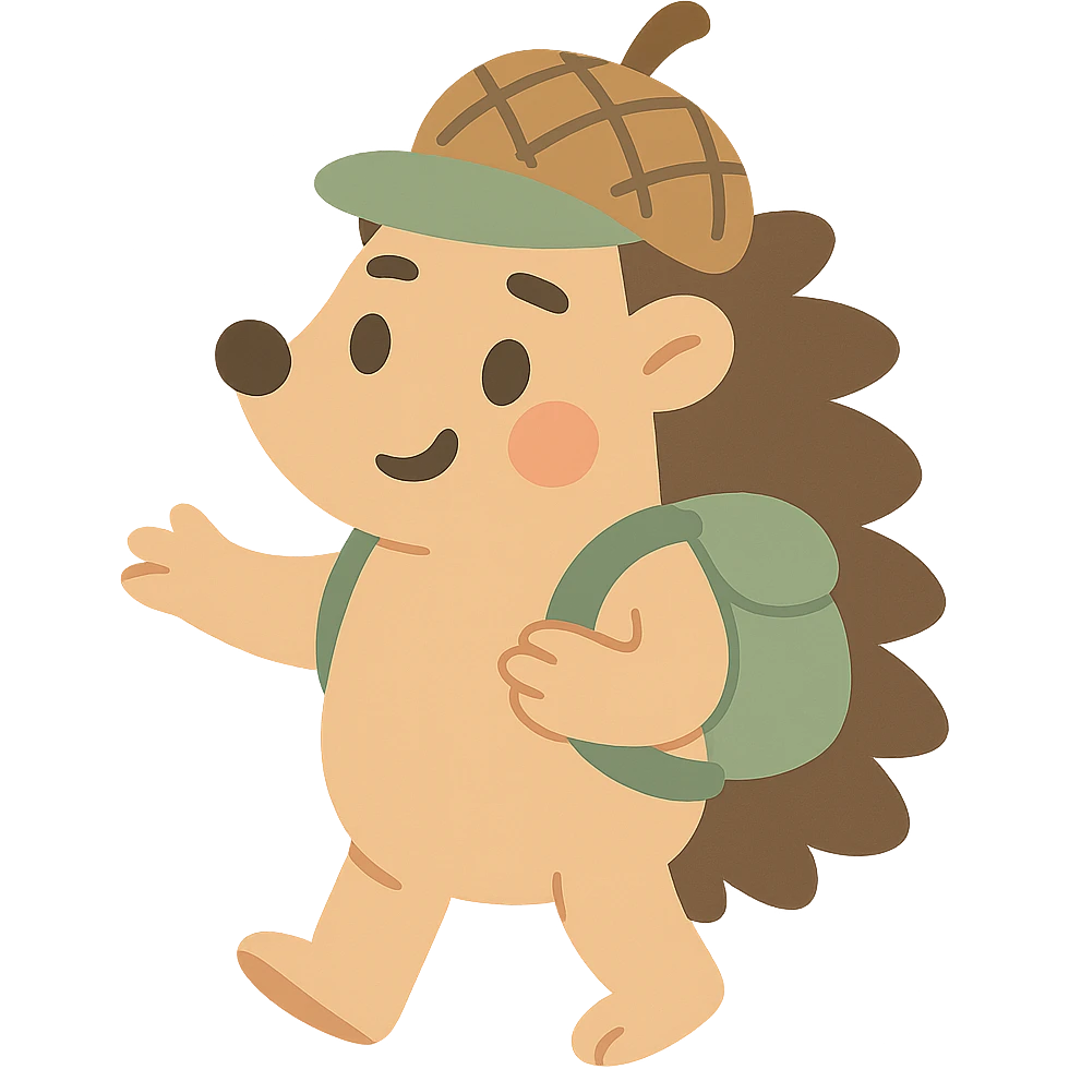 hedgehog with a tiny backpack and acorn hat, muted browns and sage green, pastel-toon style emoji