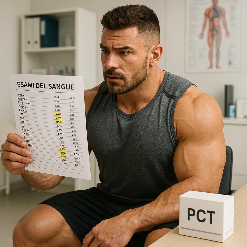 muscular bodybuilder in sportswear sitting in a medical office holding a blood test sheet with highlighted values, box labeled 'PCT' on the table, attentive expression, Italian text, 4K quality emoji