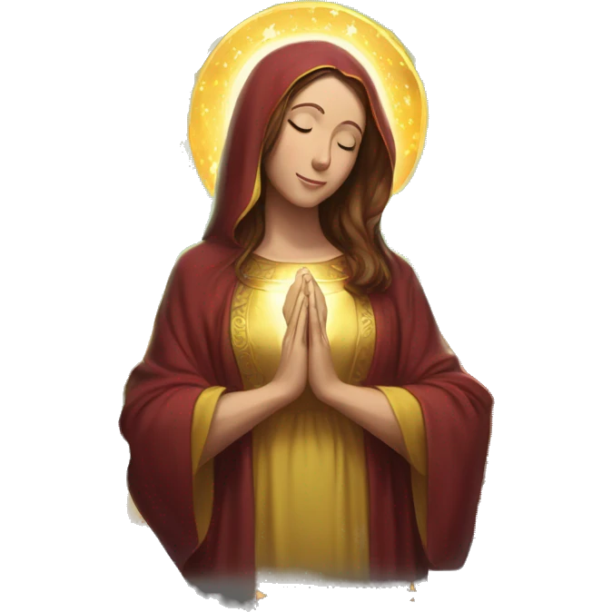 Virgin Mary: kind face looking down at the left, long brown hair, Wearing an emerald green  robe with gold stars and a burgundy red dress,  Hands in prayer or blessing. Halo around her head. standing in front of a big sun. colorful roses on the sides  emoji