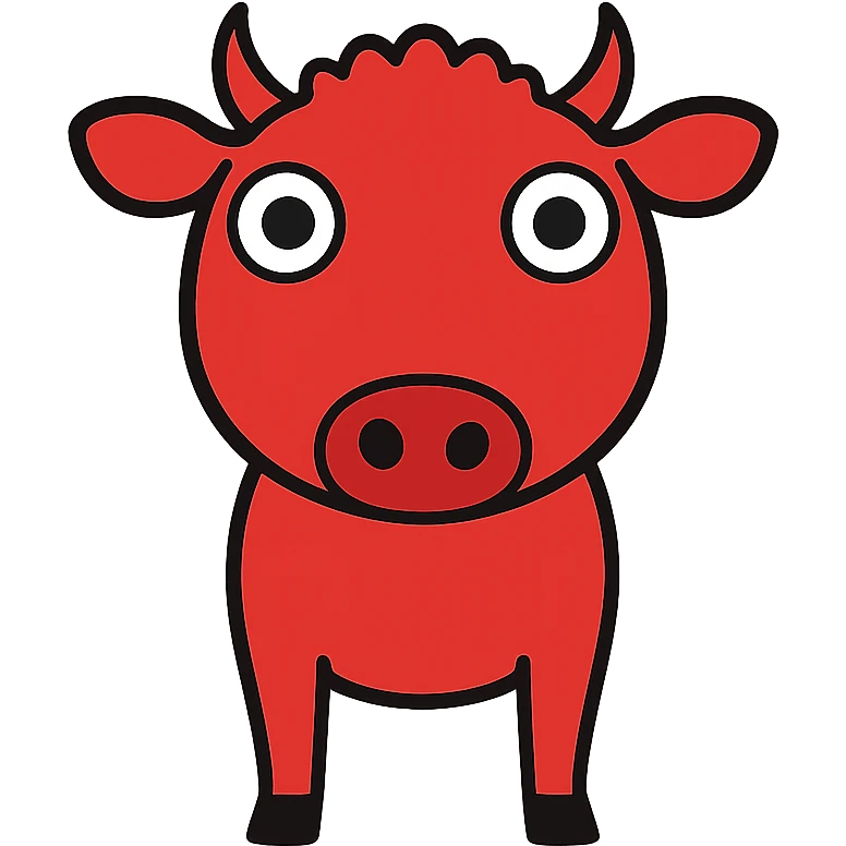 Change the outlined doodle Aberdeen Angus cow to a red coat, keep front view, simple lines, no background, in outlined doodle style. emoji
