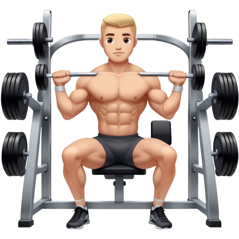A focused athlete working out on a strength training machine in a modern gym. Muscles engaged, expression determined, demonstrating power and endurance. The gym is filled with equipment like dumbbells, barbells, and mirrors reflecting effort, creating a high-energy atmosphere. emoji