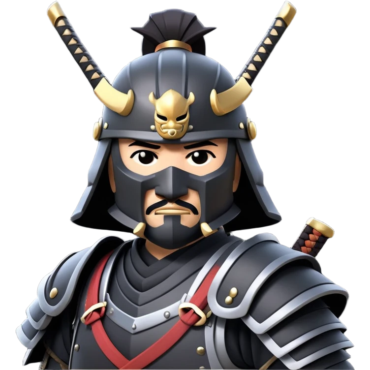 clash-of-clans-aesthetic_-cinematic-fearsome-and-majestic-samurai-bust-portrait-emoji, rendered in a flat, vector-style with minimal shading and bold, simplified shapes typical of emoji art, depicting a battle-hardened samurai with black mask and traditional black Japanese armor. The samurai is riding a noble grey warhorse adorned with an intricately designed saddle and fluttering banners and a rising sun. a samurai riding on a  horse zoomed in emoji