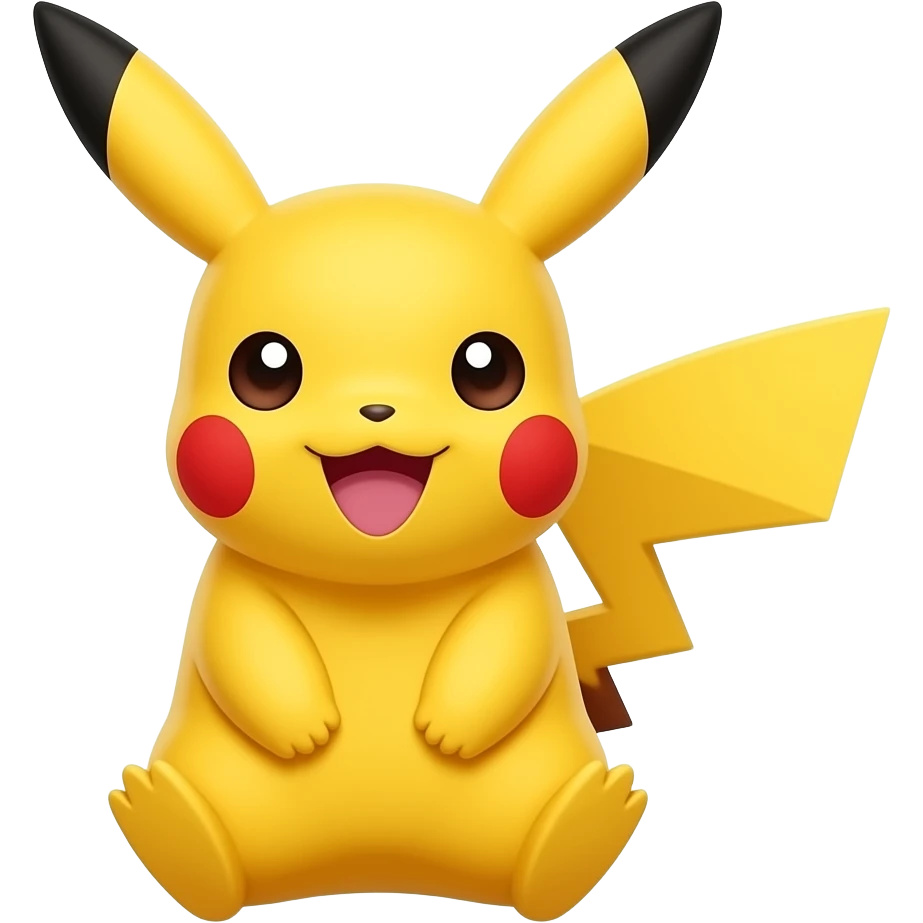 Cute yellow Pikachu with red cheeks, long black-tipped ears, happy smile, front-facing 3D emoji style emoji