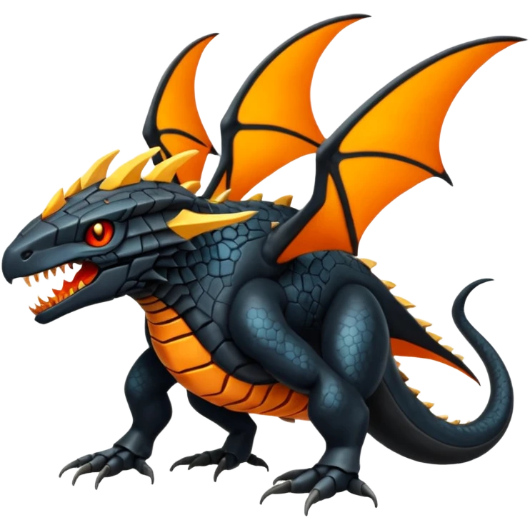Magmatic fiery badass cool obsidian-Black and golden-orange Helioptile-Amaura-Salamence-Fakémon-hybrid-creature (full body)  emoji