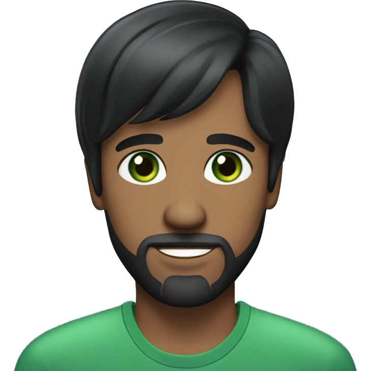 A 30-year-old man with tight black hair with bangs on his head, green eyes, and a tight beard and a dark blue elegant shirt emoji