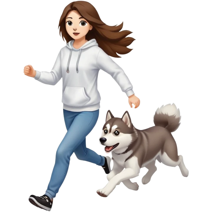 The husky is running in front, and a beautiful girl with long hair wearing a white sweatshirt and jeans is chasing behind. emoji