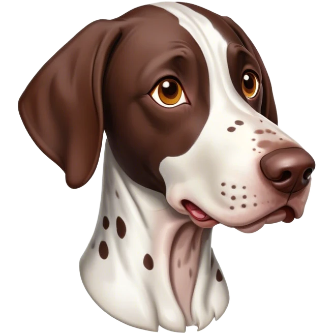 Cinematic Comical German Pointer Portrait Emoji, Head tilted dramatically with an exaggeratedly amused expression, featuring a striking liver and white coat with bold markings, wide, expressive brown eyes filled with playful disbelief, Simplified yet hilariously expressive features, highly detailed, glowing with a slightly sassy glow, high shine, dramatic yet playful, stylized with an air of cheeky charm, bright and endearing, soft glowing outline, capturing the essence of a spirited and over-the-top companion, so meme-worthy it feels like it could side-eye its way into internet fame instantly! emoji