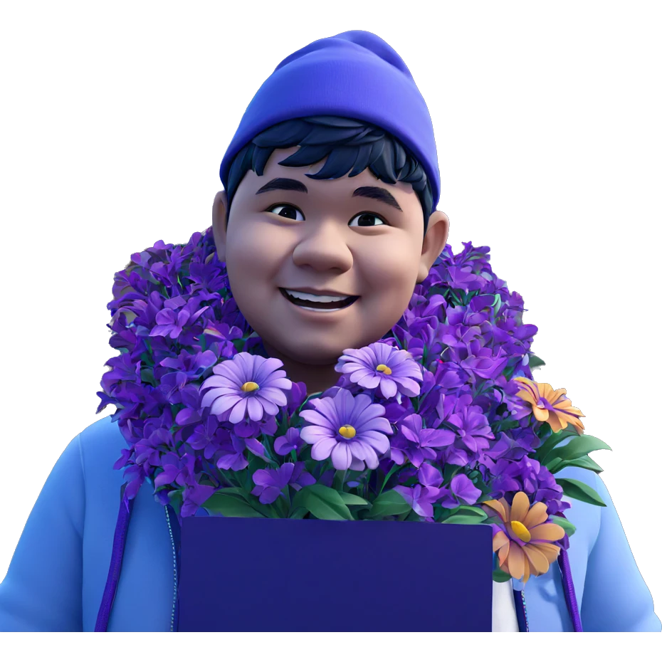 smiling boy with purple flower emoji