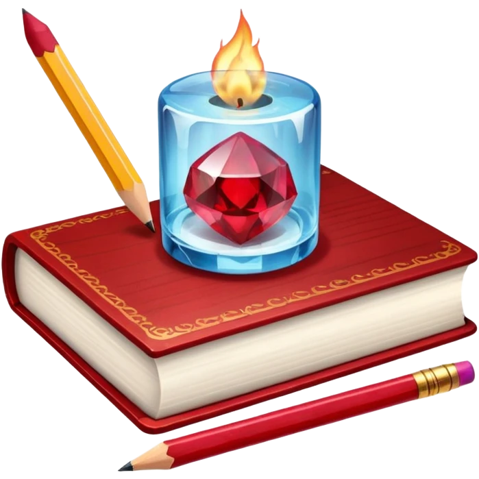 ice cube, book, pencil, match, bubble and ruby emoji