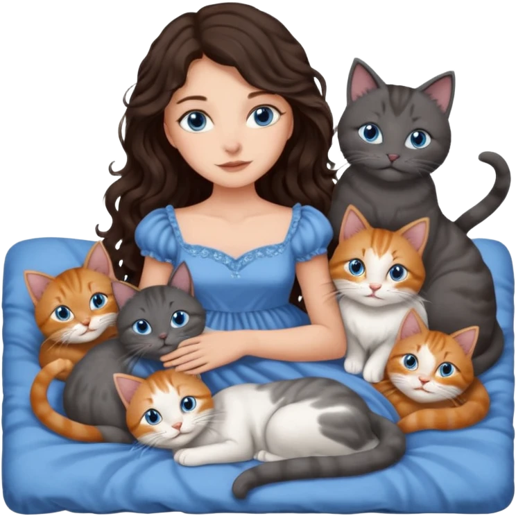 detailed realistic looking a dark grey and white cat regally laying with six other cats, cuddling with their owner in bed who is a pretty bratz lightly tanned white girl with long dark brown hair, blue eyes and gorgeous long wavy hair wearing a pretty detailed dress emoji