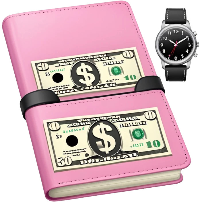 Libreta, reloj y un dolar rosa emoji