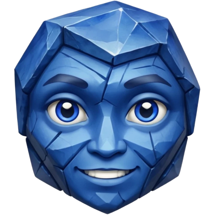 A single sapphire-blue faceted rock head, chunky and worn, with very visible big cracks and chipped facets but still shiny, big kind eyes and a confident smile emoji