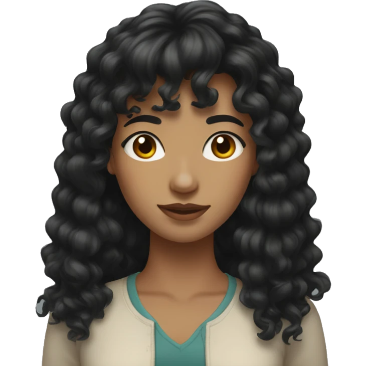 woman with long black curly hair and bangs and dark brown eyes emoji