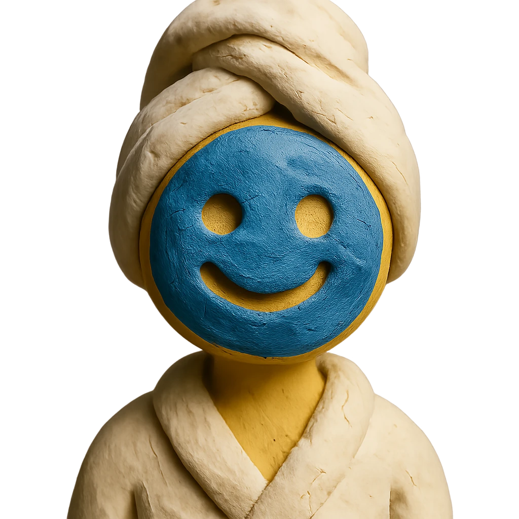 smiley face with a blue clay mask, towel wrapped around head emoji
