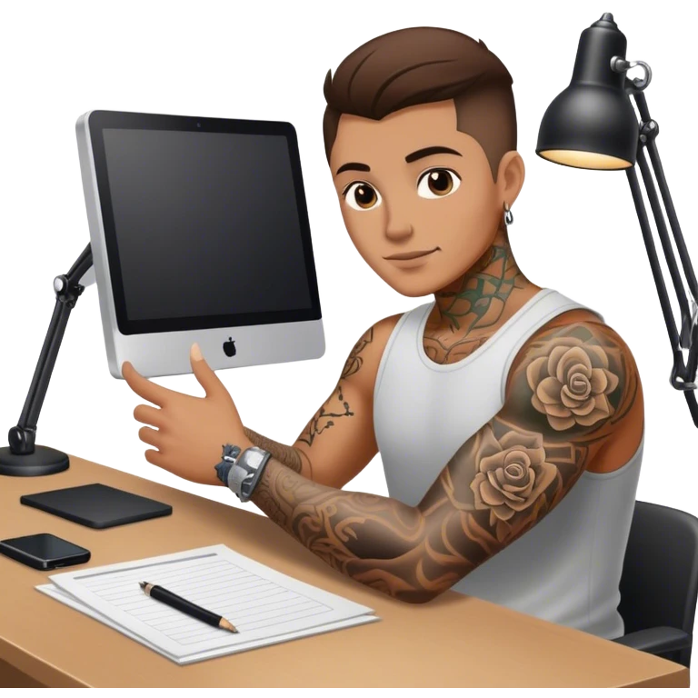 Work at a desk in love with tattoos on one arm emoji