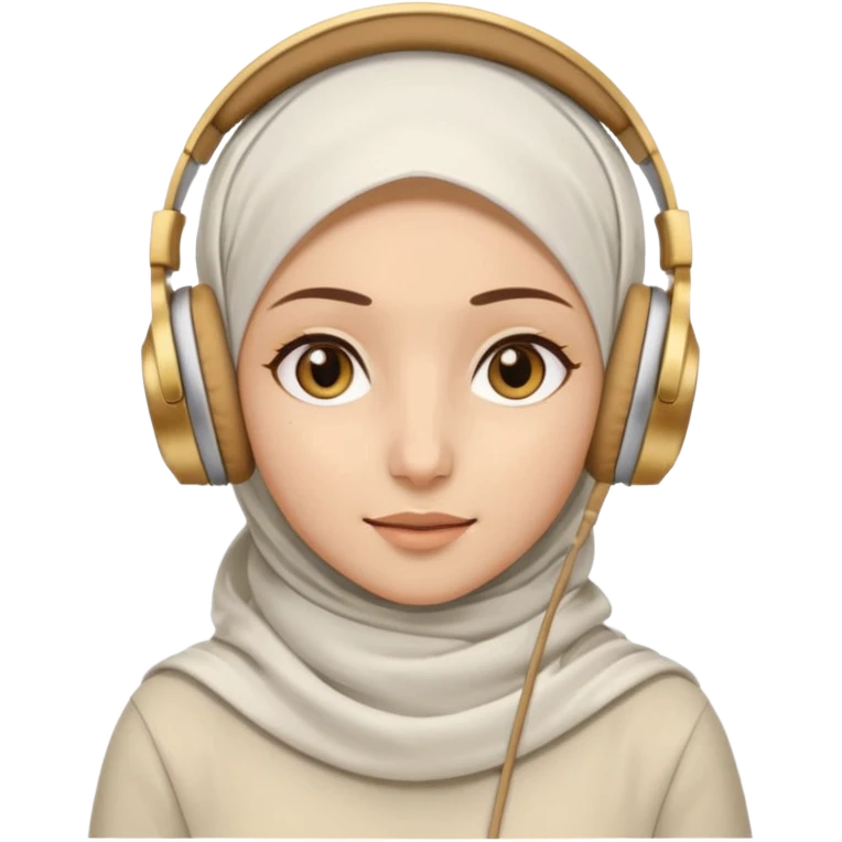 This is a cartoon-style avatar of a woman wearing a white hijab and headphones, with golden-brown eyes and a calm expression. emoji